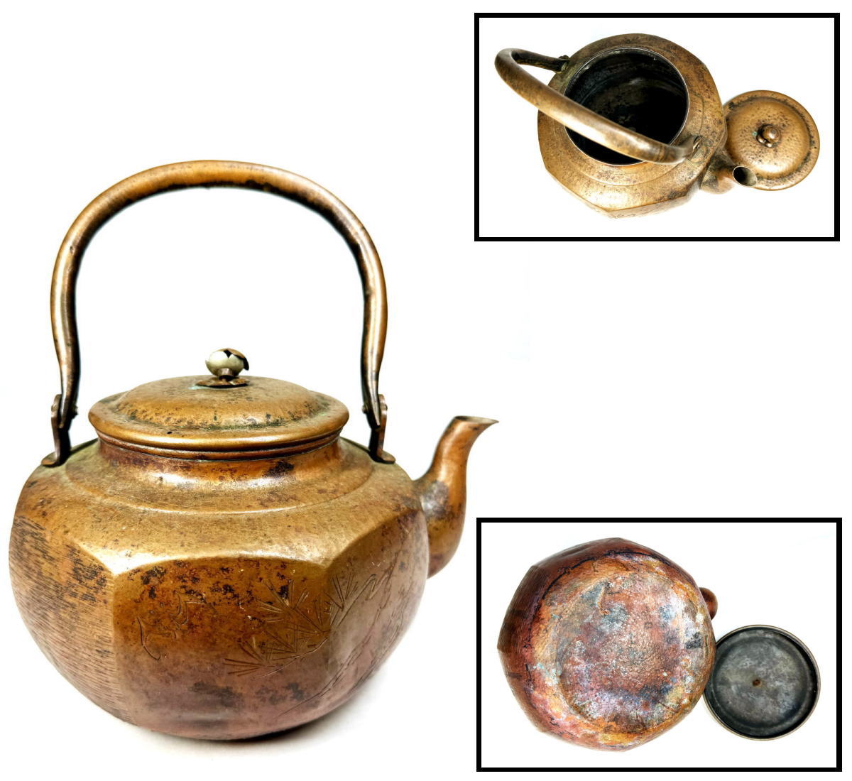 【送料無料】面取銅製湯沸 急須 水差金工美術 茶壺 薬缶稀少 歴史 煎茶道具細密細工 (旧家蔵出し) 威龍彩雲