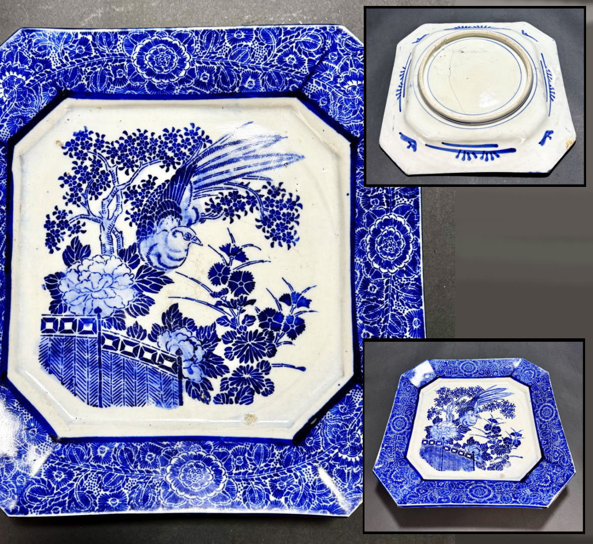 【送料無料】明治時代 古伊万里 印判花鳥図大角皿約横30.5cm 菓子器 古染付呉須 青花 焼物 入手困難骨董 日本古玩 (旧家蔵出し) 威龍彩雲