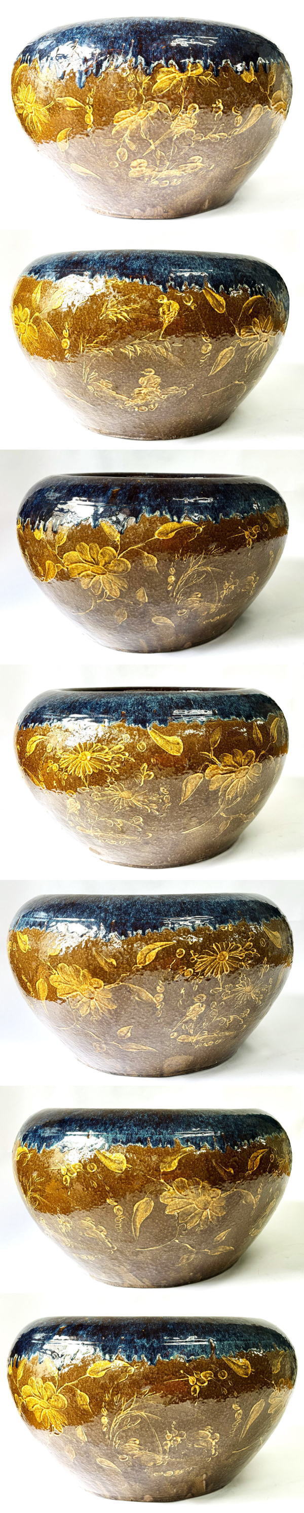 【送料無料】清時代 乾隆・嘉慶年間葛明祥造 特注品海鼠釉黄釉花鳥文火鉢 特大 在銘紫砂朱泥紫泥 伝世品焼物清玩 (旧家蔵出し) 威龍彩雲 [2]