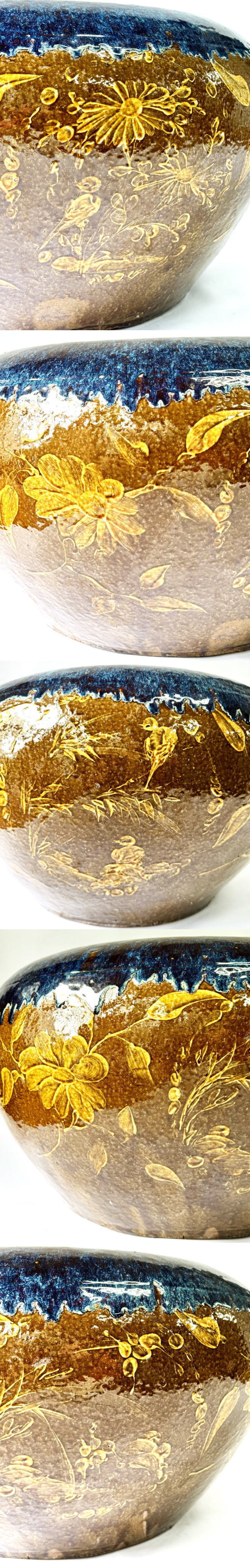 【送料無料】清時代 乾隆・嘉慶年間葛明祥造 特注品海鼠釉黄釉花鳥文火鉢 特大 在銘紫砂朱泥紫泥 伝世品焼物清玩 (旧家蔵出し) 威龍彩雲 [3]