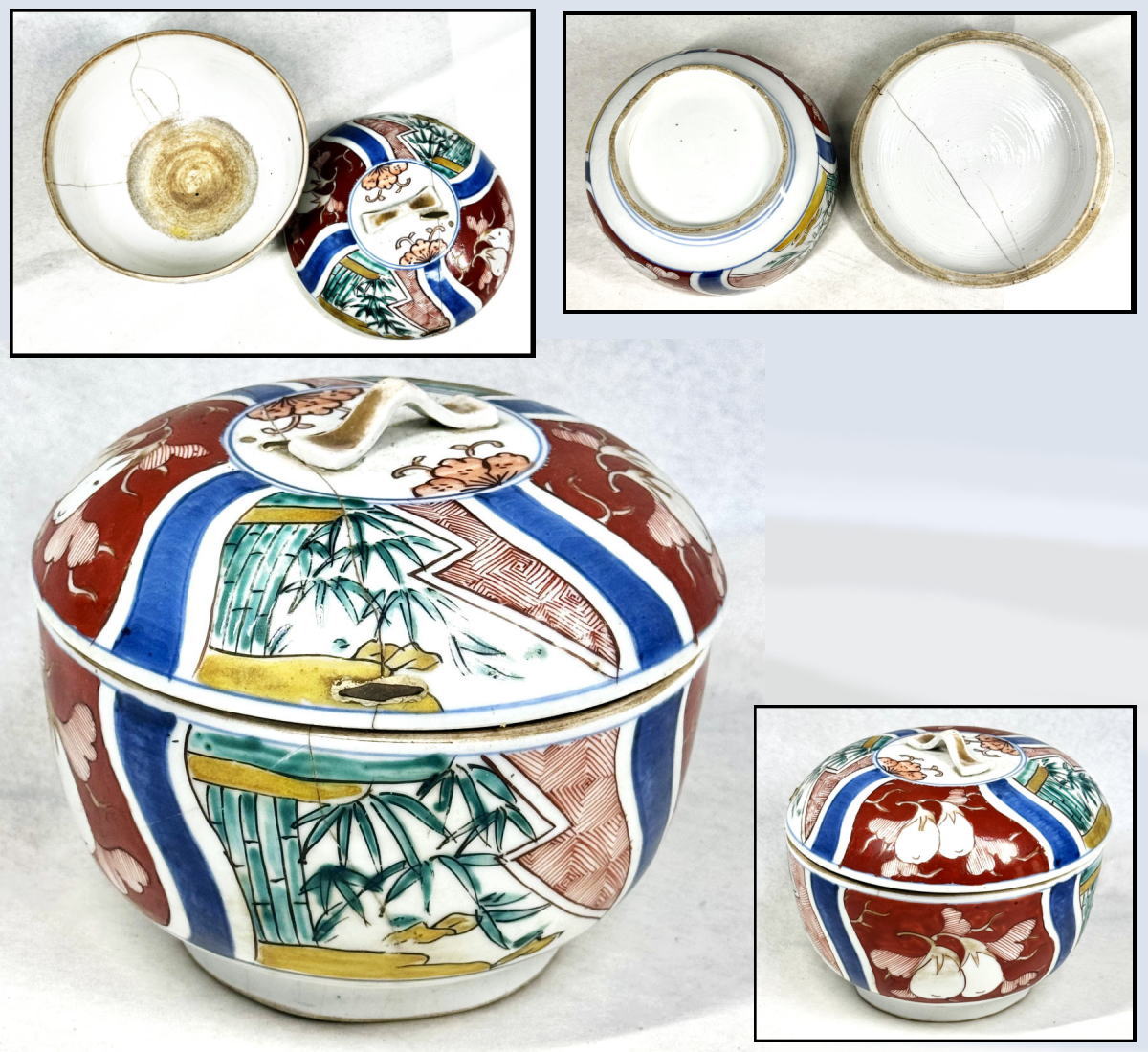 商品番号 WWTT271 商 品 名 江戸時代 古伊万里 色絵 蓋物 菓子器 喰籠 サ イ ズ 約口径14.5cm × 高さ13cm 重　　量 約670g 商品説明 　古伊万里は、江戸時代約100年間にわたり、東南アジアやヨーロッパに大量に輸出され、王侯貴族たちをも虜にします。実用品としてのほか、富や権力の象徴として競って邸宅に飾られました。現代においても海外の愛好家は多く、アンティークショップでは「IMARI」「Old Imari」「Japanese Imari」等と称し、知られ、珍重されています。 注意事項 　古美術品は実際に使用するより、コレクション観賞最適。コレクターの方・店舗や部屋の装飾・文化財の収集などにおすすめです。　手持小物欠損、剥がれ、小アタリ、スレ、シミを始め状態詳細は上記の画像にてご判断の上ご入札下さい。　商品タイトルや説明における時代表記などは、あくまでも元の所有者による情報・付属品の情報により当方の見解によるものです！　時代なりのスレ・汚れ等あります！　価値・時代判断については画像を良くご覧いただき、納得の上ご注文 して下さい！　目視による範囲のキズは出来る限り画像で明記しておりますが、当店で扱っているお品物は骨董品がほとんどです。　経年のモノですので、説明しきれない時代物としてのスレや、変色、使用によるへこみやアタリ、小キズ等の欠点はあります。 時代感など、欠点も含めて愛して頂ける方の入札をお待ちしています。　ご不明な点は質問を頂き、購入者様の自己判断でお願い致します！　パソコンモニターの環境により、実物と画像の色合いが異なる場合もございます！　古美術品は基本的返品できません！　評価の悪い方、若しくは新規のお客様のご注文はこちらで削除させて頂く場合がございますので、ご注文して頂く際は事前に《出品者への質問》へご連絡ください！　そういった商品の欠点を気になさる方、 神経質な方はご入札を控えて頂いたほうがよろしいかと存じます！　慎重にお考え頂いた上ご注文下さい！ 古物商許可証:福岡県公安委員会・第901141810015号 　 ※ 配送・送料について　◎この商品は、「クロネコヤマト宅急便」での発送となります。・配達方法:対面でお届けし、受領印または署名をいただきます。・追跡サービス:あり。・複数の商品を、まとめて1つに発送する事（同一梱包）可能]。・送料無料。・時間帯お届けサービス（※ 別途料金は必要ありません）。・営業所止置きサービス（※ 別途料金は必要ありません）。 （◎ご注意：上記は「クロネコヤマト宅急便」の料金です。お客様より他の発送方法をご指定の場合、別途送料を頂く事もございます。あらかじめご了承ください。　 当商品の配送方法（おすすめ）：