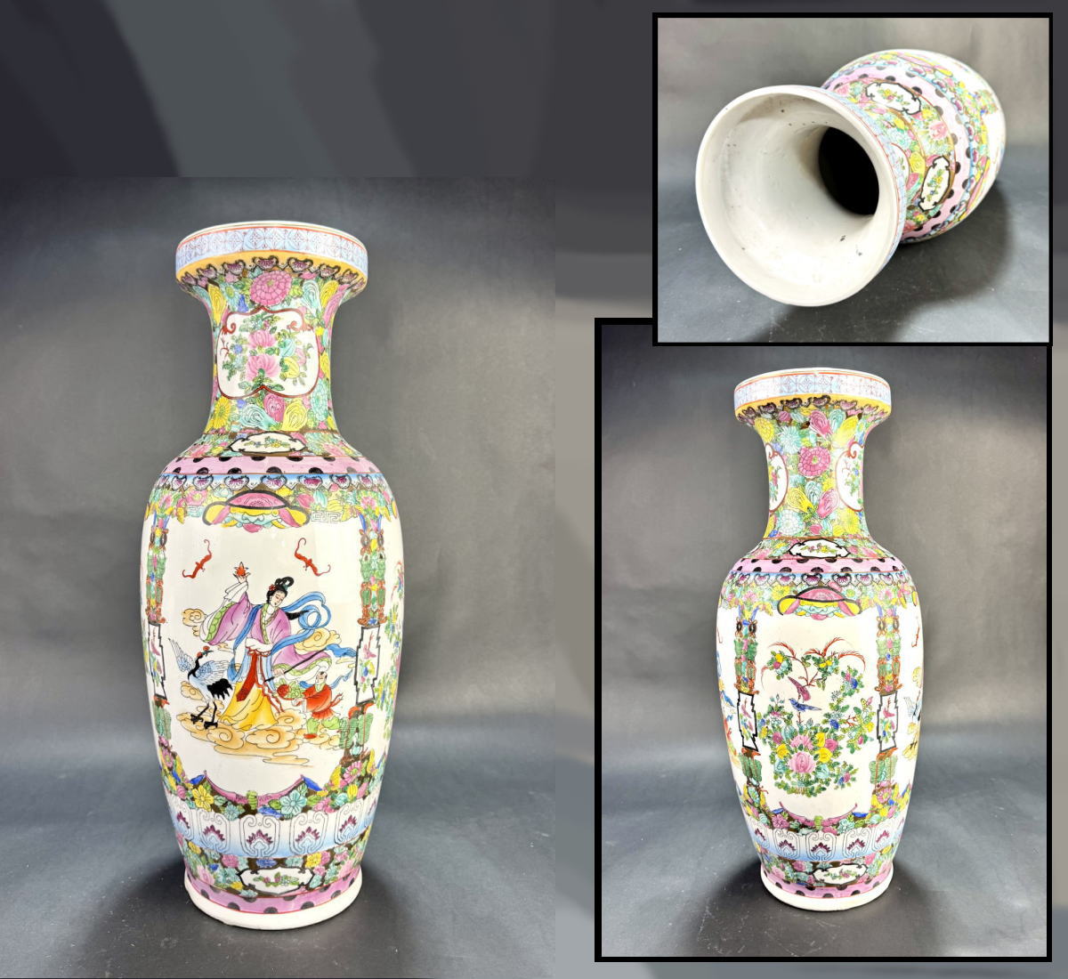 商品番号 WWTT344 商 品 名 十錦釉天女花鳥文磁器花瓶 サ イ ズ 約口径17.5cm × 高さ60.5cm × 胴幅25cm 重　　量 約5kg 商品説明 　素敵な時代物。 注意事項 　古美術品は実際に使用するより、コレクション観賞最適。コレクターの方・店舗や部屋の装飾・文化財の収集などにおすすめです。　手持小物欠損、剥がれ、小アタリ、スレ、シミを始め状態詳細は上記の画像にてご判断の上ご入札下さい。　商品タイトルや説明における時代表記などは、あくまでも元の所有者による情報・付属品の情報により当方の見解によるものです！　時代なりのスレ・汚れ等あります！　価値・時代判断については画像を良くご覧いただき、納得の上ご注文 して下さい！　目視による範囲のキズは出来る限り画像で明記しておりますが、当店で扱っているお品物は骨董品がほとんどです。　経年のモノですので、説明しきれない時代物としてのスレや、変色、使用によるへこみやアタリ、小キズ等の欠点はあります。 時代感など、欠点も含めて愛して頂ける方の入札をお待ちしています。　ご不明な点は質問を頂き、購入者様の自己判断でお願い致します！　パソコンモニターの環境により、実物と画像の色合いが異なる場合もございます！　古美術品は基本的返品できません！　評価の悪い方、若しくは新規のお客様のご注文はこちらで削除させて頂く場合がございますので、ご注文して頂く際は事前に《出品者への質問》へご連絡ください！　そういった商品の欠点を気になさる方、 神経質な方はご入札を控えて頂いたほうがよろしいかと存じます！　慎重にお考え頂いた上ご注文下さい！ 古物商許可証:福岡県公安委員会・第901141810015号 　 ※ 配送・送料について　◎この商品は、「クロネコヤマト宅急便」での発送となります。・配達方法:対面でお届けし、受領印または署名をいただきます。・追跡サービス:あり。・複数の商品を、まとめて1つに発送する事（同一梱包）可能]。・送料無料。・時間帯お届けサービス（※ 別途料金は必要ありません）。・営業所止置きサービス（※ 別途料金は必要ありません）。 （◎ご注意：上記は「クロネコヤマト宅急便」の料金です。お客様より他の発送方法をご指定の場合、別途送料を頂く事もございます。あらかじめご了承ください。　 当商品の配送方法（おすすめ）：