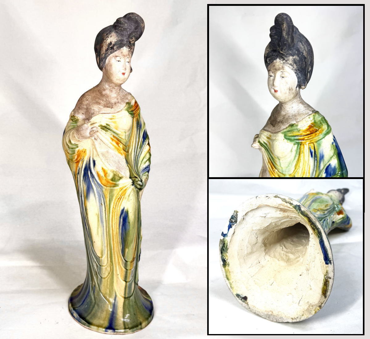 商品番号 WWTT357 商 品 名 唐三彩婦人俑 サ イ ズ 約幅15cm × 奥行15cm × 高さ47.5cm 重　　量 約1902g 商品説明 　素敵な時代物。 注意事項 　古美術品は実際に使用するより、コレクション観賞最適。コレクターの方・店舗や部屋の装飾・文化財の収集などにおすすめです。　手持小物欠損、剥がれ、小アタリ、スレ、シミを始め状態詳細は上記の画像にてご判断の上ご入札下さい。　商品タイトルや説明における時代表記などは、あくまでも元の所有者による情報・付属品の情報により当方の見解によるものです！　時代なりのスレ・汚れ等あります！　価値・時代判断については画像を良くご覧いただき、納得の上ご注文 して下さい！　目視による範囲のキズは出来る限り画像で明記しておりますが、当店で扱っているお品物は骨董品がほとんどです。　経年のモノですので、説明しきれない時代物としてのスレや、変色、使用によるへこみやアタリ、小キズ等の欠点はあります。 時代感など、欠点も含めて愛して頂ける方の入札をお待ちしています。　ご不明な点は質問を頂き、購入者様の自己判断でお願い致します！　パソコンモニターの環境により、実物と画像の色合いが異なる場合もございます！　古美術品は基本的返品できません！　評価の悪い方、若しくは新規のお客様のご注文はこちらで削除させて頂く場合がございますので、ご注文して頂く際は事前に《出品者への質問》へご連絡ください！　そういった商品の欠点を気になさる方、 神経質な方はご入札を控えて頂いたほうがよろしいかと存じます！　慎重にお考え頂いた上ご注文下さい！ 古物商許可証:福岡県公安委員会・第901141810015号 　 ※ 配送・送料について　◎この商品は、「クロネコヤマト宅急便」での発送となります。・配達方法:対面でお届けし、受領印または署名をいただきます。・追跡サービス:あり。・複数の商品を、まとめて1つに発送する事（同一梱包）可能]。・送料無料。・時間帯お届けサービス（※ 別途料金は必要ありません）。・営業所止置きサービス（※ 別途料金は必要ありません）。 （◎ご注意：上記は「クロネコヤマト宅急便」の料金です。お客様より他の発送方法をご指定の場合、別途送料を頂く事もございます。あらかじめご了承ください。　 当商品の配送方法（おすすめ）：