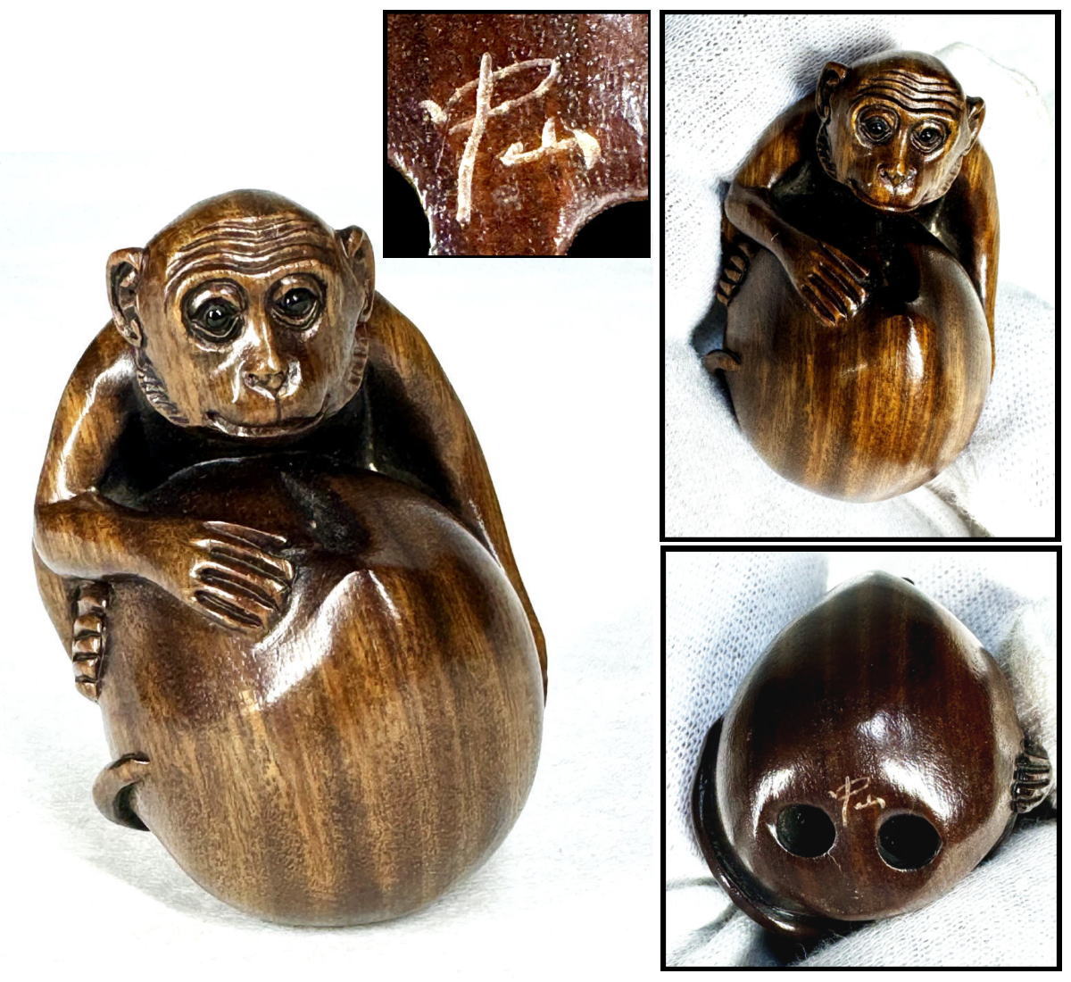 【送料無料】中山銘 桃持ち猿根付 手彫り唐木彫 木彫り 一刀彫り紅木 置物 骨董 古玩旧蔵 古美術 古賞物 (旧家蔵出し) 威龍彩雲通販