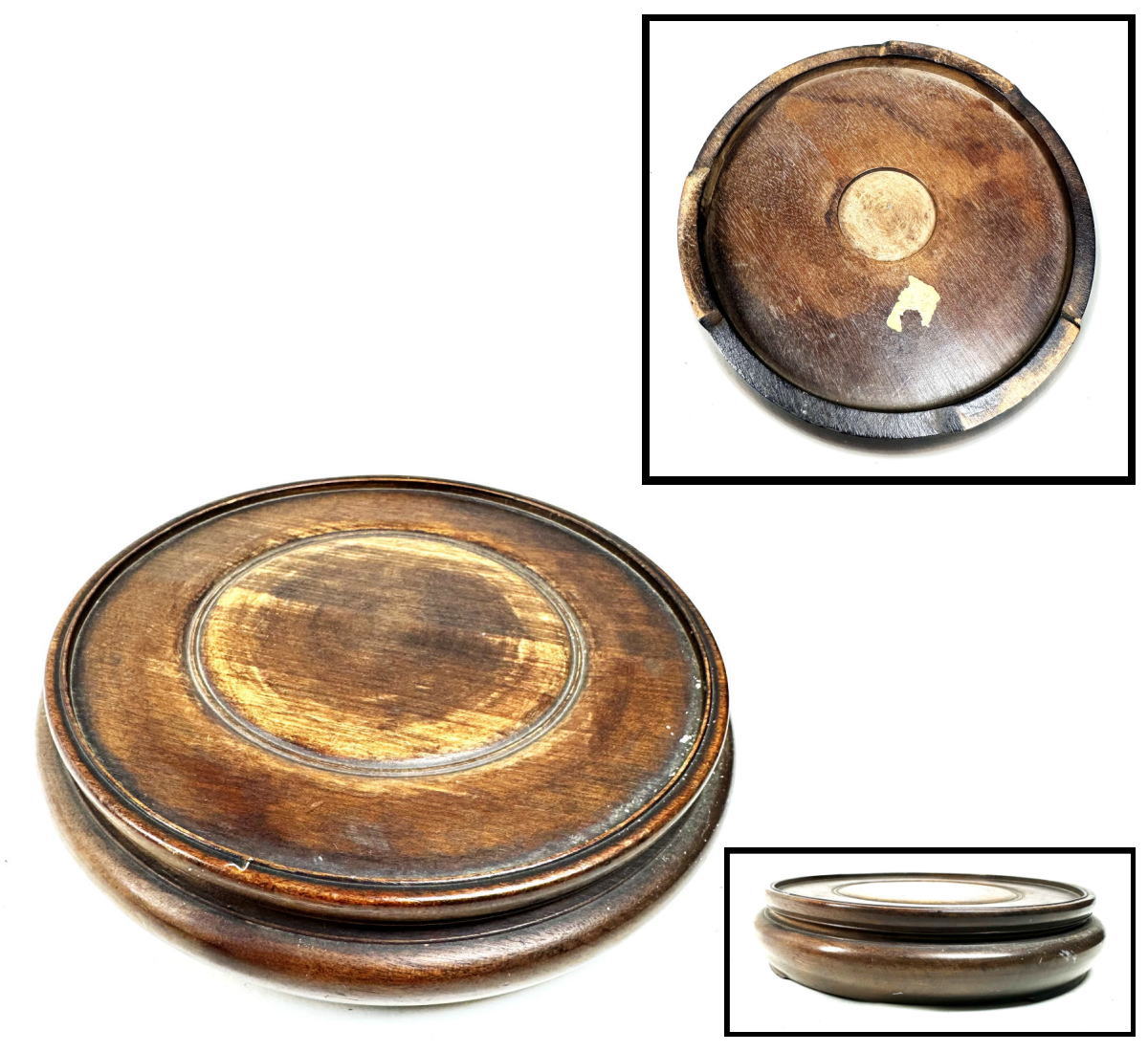 商品番号 WWWT035 商 品 名 天然木 唐木 刳り貫き 足付花台 サ イ ズ 約直径20cm＊高さ4.5cm 重　　量 約740g 商品説明 　素敵な時代物。 注意事項 　古美術品は実際に使用するより、コレクション観賞最適。コレクターの方・店舗や部屋の装飾・文化財の収集などにおすすめです。　手持小物欠損、剥がれ、小アタリ、スレ、シミを始め状態詳細は上記の画像にてご判断の上ご入札下さい。　商品タイトルや説明における時代表記などは、あくまでも元の所有者による情報・付属品の情報により当方の見解によるものです！　時代なりのスレ・汚れ等あります！　価値・時代判断については画像を良くご覧いただき、納得の上ご注文 して下さい！　目視による範囲のキズは出来る限り画像で明記しておりますが、当店で扱っているお品物は骨董品がほとんどです。　経年のモノですので、説明しきれない時代物としてのスレや、変色、使用によるへこみやアタリ、小キズ等の欠点はあります。 時代感など、欠点も含めて愛して頂ける方の入札をお待ちしています。　ご不明な点は質問を頂き、購入者様の自己判断でお願い致します！　パソコンモニターの環境により、実物と画像の色合いが異なる場合もございます！　古美術品は基本的返品できません！　評価の悪い方、若しくは新規のお客様のご注文はこちらで削除させて頂く場合がございますので、ご注文して頂く際は事前に《出品者への質問》へご連絡ください！　そういった商品の欠点を気になさる方、 神経質な方はご入札を控えて頂いたほうがよろしいかと存じます！　慎重にお考え頂いた上ご注文下さい！ 古物商許可証:福岡県公安委員会・第901141810015号 　 ※ 配送・送料について　◎この商品は、「クロネコヤマト宅急便」での発送となります。・配達方法:対面でお届けし、受領印または署名をいただきます。・追跡サービス:あり。・複数の商品を、まとめて1つに発送する事（同一梱包）可能]。・送料無料。・時間帯お届けサービス（※ 別途料金は必要ありません）。・営業所止置きサービス（※ 別途料金は必要ありません）。 （◎ご注意：上記は「クロネコヤマト宅急便」の料金です。お客様より他の発送方法をご指定の場合、別途送料を頂く事もございます。あらかじめご了承ください。　 当商品の配送方法（おすすめ）：