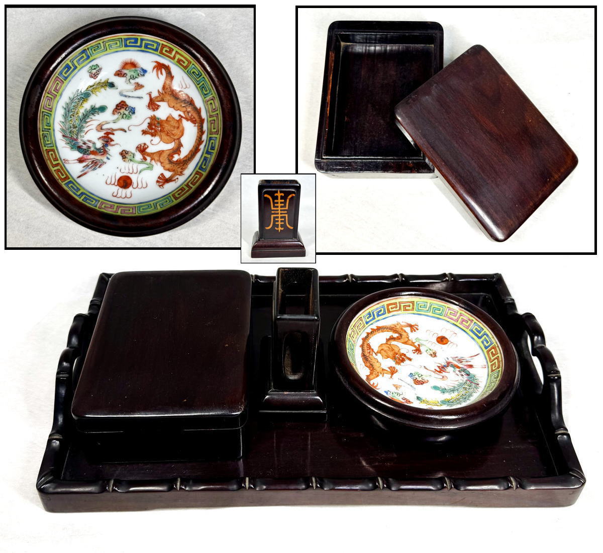 商品番号 WWWT109 商 品 名 清時代 五彩龍鳳凰文皿 灰皿 乾隆年製? 紫檀唐木喫煙具セット サ イ ズ お盆約横29.5cm × 厚み4cm × 奥行17.5cm 煙草入れ約横9.5cm × 厚み4.2cm × 奥行12.3cm マッチ入れ約横6cm × 高さ8cm × 奥行4.2cm 灰皿直径11.5cm × 高さ3.5cm 重　　量 お盆約329g 煙草入れ約315g マッチ入れ約71g 灰皿約205g 商品説明 　五彩とは青・黄・赤・白・黒の五つの色。また、多種の色。五色(ごしき)。　中国宋代（金代）を起源とし、元代に完成した上絵付け、およびその陶磁器。白磁または白釉陶(はくゆうとう)に赤・青・黄・緑・紫などの釉(うわぐすり)で絵や文様を表したもの。 注意事項 　古美術品は実際に使用するより、コレクション観賞最適。コレクターの方・店舗や部屋の装飾・文化財の収集などにおすすめです。　手持小物欠損、剥がれ、小アタリ、スレ、シミを始め状態詳細は上記の画像にてご判断の上ご入札下さい。　商品タイトルや説明における時代表記などは、あくまでも元の所有者による情報・付属品の情報により当方の見解によるものです！　時代なりのスレ・汚れ等あります！　価値・時代判断については画像を良くご覧いただき、納得の上ご注文 して下さい！　目視による範囲のキズは出来る限り画像で明記しておりますが、当店で扱っているお品物は骨董品がほとんどです。　経年のモノですので、説明しきれない時代物としてのスレや、変色、使用によるへこみやアタリ、小キズ等の欠点はあります。 時代感など、欠点も含めて愛して頂ける方の入札をお待ちしています。　ご不明な点は質問を頂き、購入者様の自己判断でお願い致します！　パソコンモニターの環境により、実物と画像の色合いが異なる場合もございます！　古美術品は基本的返品できません！　評価の悪い方、若しくは新規のお客様のご注文はこちらで削除させて頂く場合がございますので、ご注文して頂く際は事前に《出品者への質問》へご連絡ください！　そういった商品の欠点を気になさる方、 神経質な方はご入札を控えて頂いたほうがよろしいかと存じます！　慎重にお考え頂いた上ご注文下さい！ 古物商許可証:福岡県公安委員会・第901141810015号 　 ※ 配送・送料について　◎この商品は、「クロネコヤマト宅急便」での発送となります。・配達方法:対面でお届けし、受領印または署名をいただきます。・追跡サービス:あり。・複数の商品を、まとめて1つに発送する事（同一梱包）可能]。・送料無料。・時間帯お届けサービス（※ 別途料金は必要ありません）。・営業所止置きサービス（※ 別途料金は必要ありません）。 （◎ご注意：上記は「クロネコヤマト宅急便」の料金です。お客様より他の発送方法をご指定の場合、別途送料を頂く事もございます。あらかじめご了承ください。　 当商品の配送方法（おすすめ）：