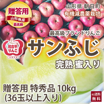 ふじりんご 贈答用 送料無料 【 特秀品 10kg 満杯詰め 球数の目安 約36玉以上入り 完熟蜜入り 】 山形 朝日町 和合平 有機減農薬栽培 葉取らずりんご サンふじりんご りんご 値段 産地 時期 りんごジュース 農産物 ポイント消化 100円 300円 500円