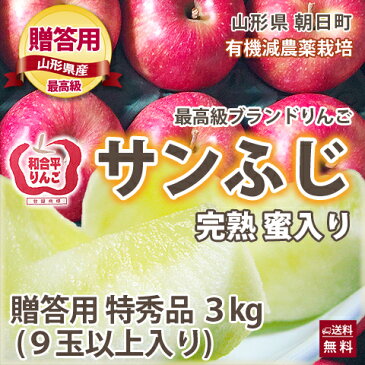 ふじりんご 贈答用 【 特秀品 3kg 満杯詰め 球数の目安 約9玉以上入り 送料無料 】 完熟蜜入り 山形 朝日町 和合平 有機減農薬栽培 サンふじりんご りんご 値段 産地 時期 りんごジュース 農産物 ポイント消化 100円 300円 500円