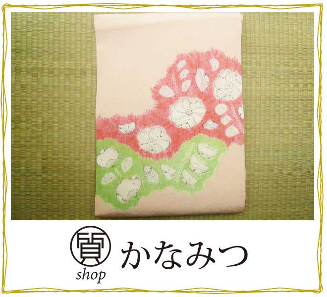 Rakuten - 名古屋帯 仕立て上がり 正絹　着用可能　リサイクル　薄ピンク色　カジュアル　花　訳有