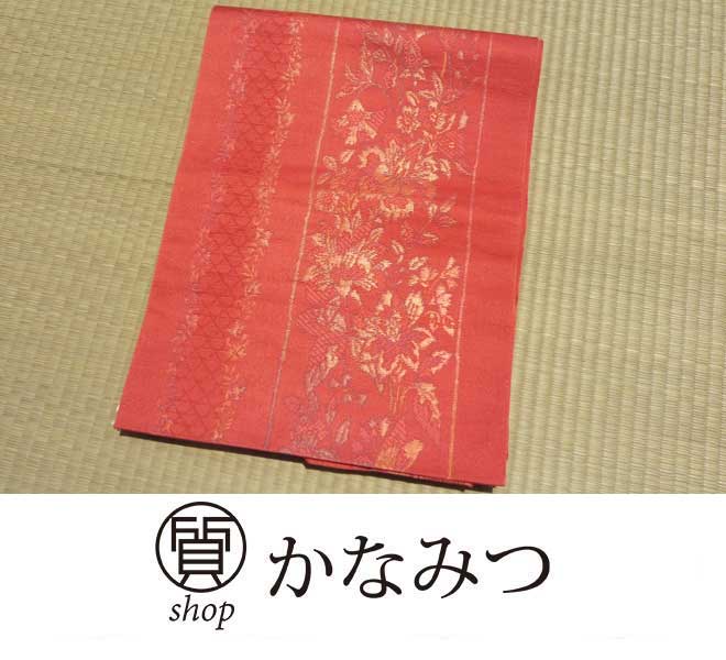 名古屋帯 正絹 着用可能 仕立て上がり 赤色 カジュアルリサイクル 花 激安 単