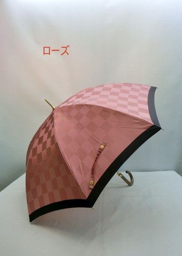 雨傘・長傘−婦人甲州産先染朱子格子市松柄日本製ジャンプ雨傘