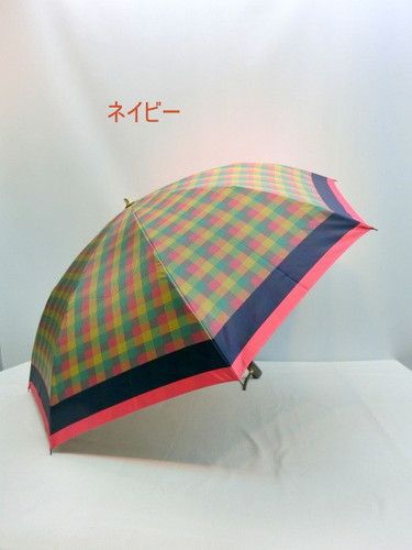 雨傘・折畳傘-婦人甲州産先染朱子格子織生地日本製2段式折畳傘