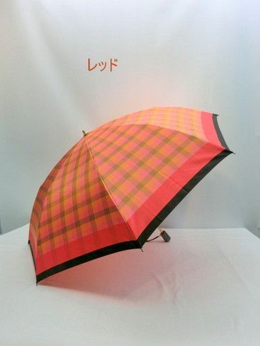 雨傘・折畳傘-婦人甲州産先染朱子格子織生地日本製2段式折畳傘