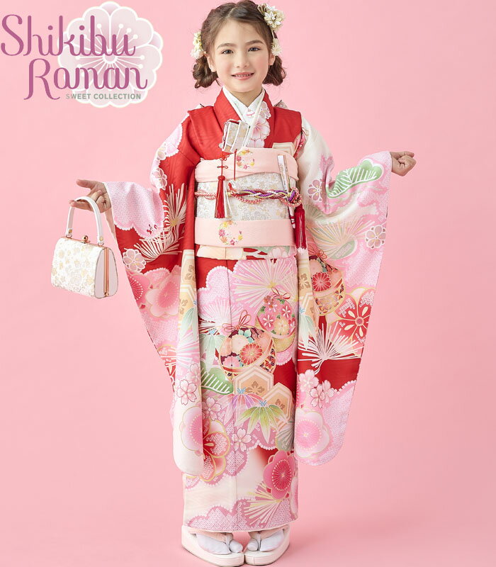 楽天KIDSKIMONOYUUKA七五三着物 7歳 女の子 四つ身着物 単品 式部浪漫 ブランド 絵羽柄 梅毬4 赤 日本製 2025年新作 販売 購入