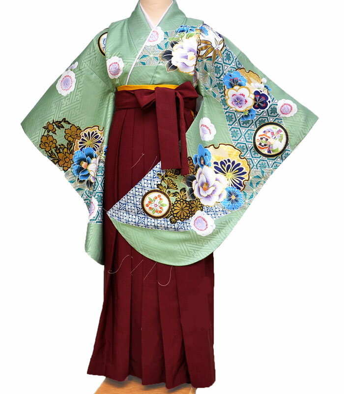 卒業式 袴セット 袴 小学校 小学生 ジュニア 女の子 大学生 レディース 女性 二尺袖 着物 袴 セット From KYOTO フロムキョウト ブランド 絵羽柄 グリーン5 販売 購入