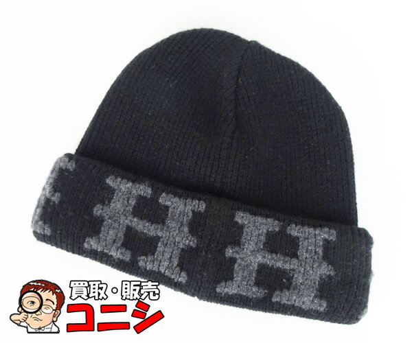 【神戸の質屋】【エルメス/HERMES】ニット帽子 カシミヤ100％ 黒×グレー【送料無料】h0588b