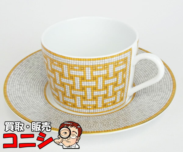 【神戸の質屋】【HERMES/エルメス】カップ＆ソーサー ティーセット Mosaique Au24 モザイク 1セット 白×オレンジ系 食器【送料無料】j0162b