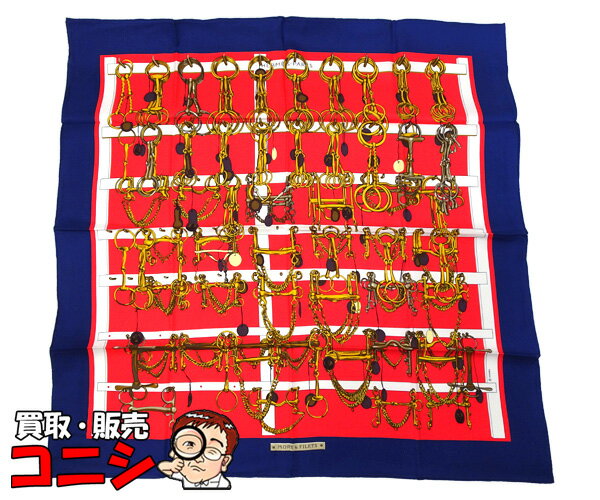 【質コニシ】【HERMES/エルメス】カレ90 スカーフ MORS&FILETS 馬とビット ブルー×レッド 青×赤 中古 美品【送料込み】m0633b