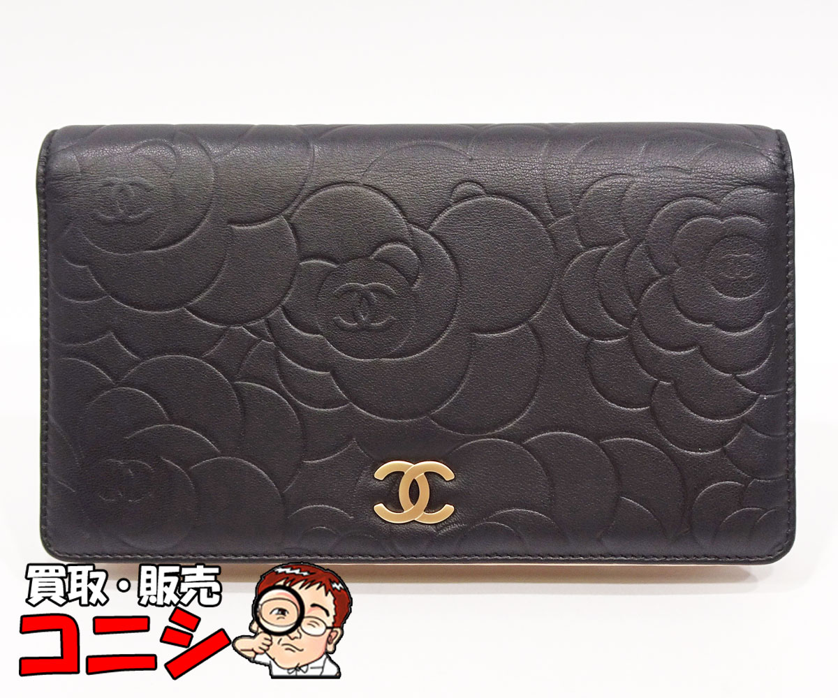 【質コニシ】【CHANEL/シャネル】フラップウォレット 長財布 二つ折り A36544 カメリア ブラック 黒 レザー レディース【送料込み】m1308y