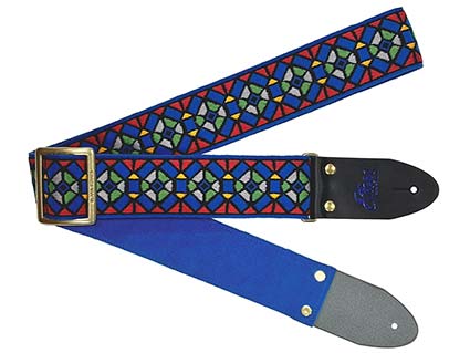 メーカー：Elara Straps 商品名：Stained Glass Blue/Red Ultrasuede 幅=50mm　長さ=850mm〜1450mm　カラー=Blue/Red　裏地=Ultrasuede 80年代〜90年代のジャガード織の表地に、裏地はウルトラスウェードを使用し間に薄 手のナイロンを挟んだしなやかながら強度もあるギターストラップ。Made in JAPANElara Straps [エララストラップ] Stained Glass Blue/Red Ultrasuede