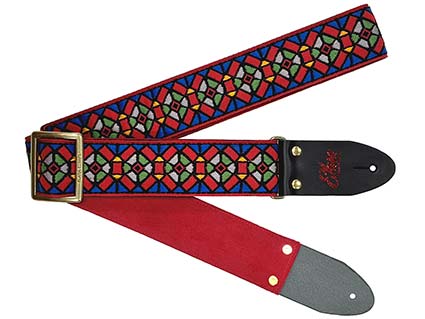 メーカー：Elara Straps 商品名：Stained Glass Red/Blue Ultrasuede 幅=50mm　長さ=850mm〜1450mm　カラー=Red/Blue　裏地=Ultrasuede 80年代〜90年代のジャガード織の表地に、裏地はウルトラスウェードを使用し間に薄 手のナイロンを挟んだしなやかながら強度もあるギターストラップ。Made in JAPANElara Straps [エララストラップ] Stained Glass Red/Blue Ultrasuede