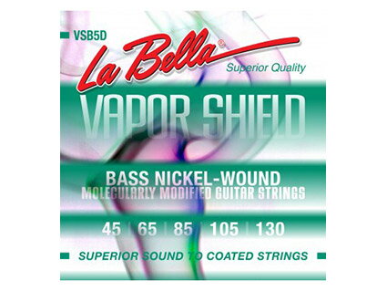 メーカー：La Bella 商品名：VSB5D ベース弦　ゲージ=45/65/85/105/130　材質=Nickel Plated Vapor Shield　1セット ベイパーシールド弦はイオン蒸着処理を施すことにより、手触りを変えず耐久性を非 処理製品の約5倍に向上。音質を劣化させることなくブライトなトーンが得られます。La Bella [ラベラ] VSB5D