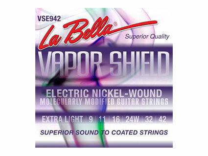 メーカー：La Bella 商品名：VSE942 エレキギター弦　09/11/16/24/32/42　材質=Nickel Plated Vapor Shield　1セット ベイパーシールド弦はイオン蒸着処理を施すことにより、手触りを変えず耐久性を非 処理製品の約5倍に向上。音質を劣化させることなくブライトなトーンが得られます。La Bella [ラベラ] VSE942