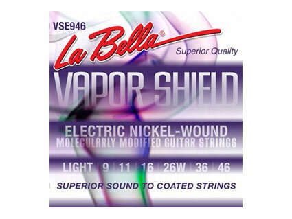 メーカー：La Bella 商品名：VSE946 エレキギター弦　09/11/16/26/36/46　材質=Nickel Plated Vapor Shield　1セット ベイパーシールド弦はイオン蒸着処理を施すことにより、手触りを変えず耐久性を非 処理製品の約5倍に向上。音質を劣化させることなくブライトなトーンが得られます。La Bella [ラベラ] VSE946