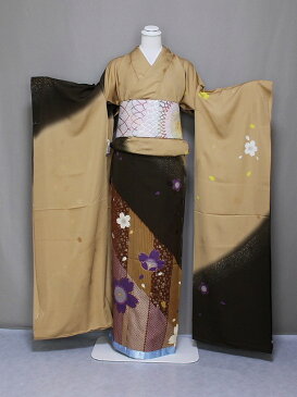 正絹振袖 未仕立 当店在庫処分 訳あり アウトレット 難あり 格安のふりそで 茶系色の振袖 V2811