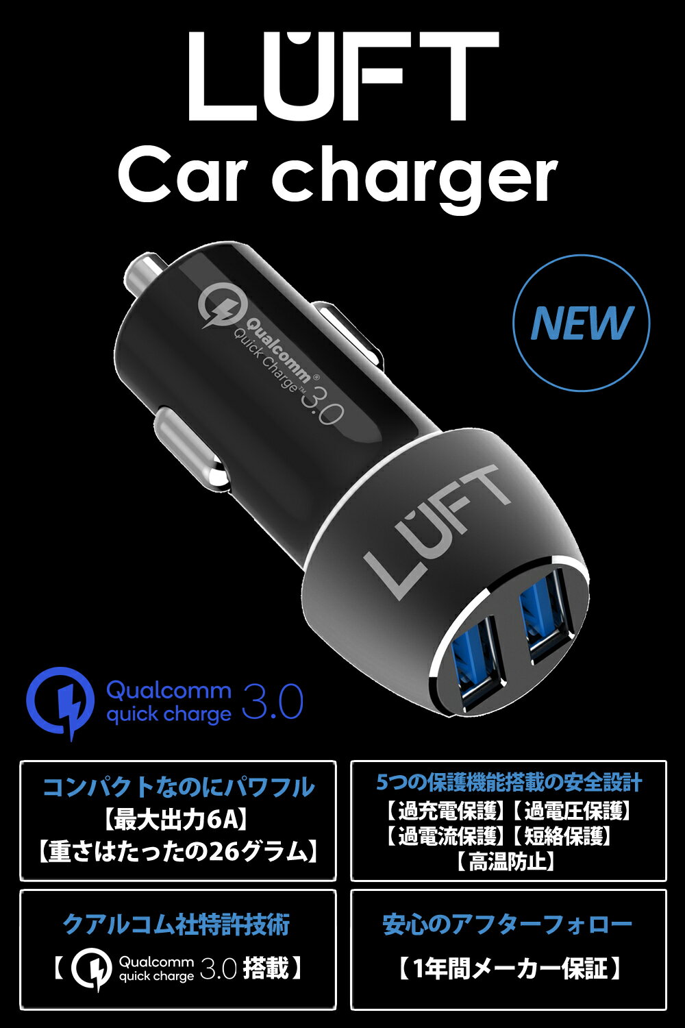 【お買い物マラソン期間限定ポイント10倍!】カーチャージャー シガーソケット USB 急速充電 車載 車 充電器 最大出力6A スマホ スマートフォン タブレット 12V-24V対応 iphone Android アンドロイド アイフォン クイックチャージ Qualcomm クアルコム