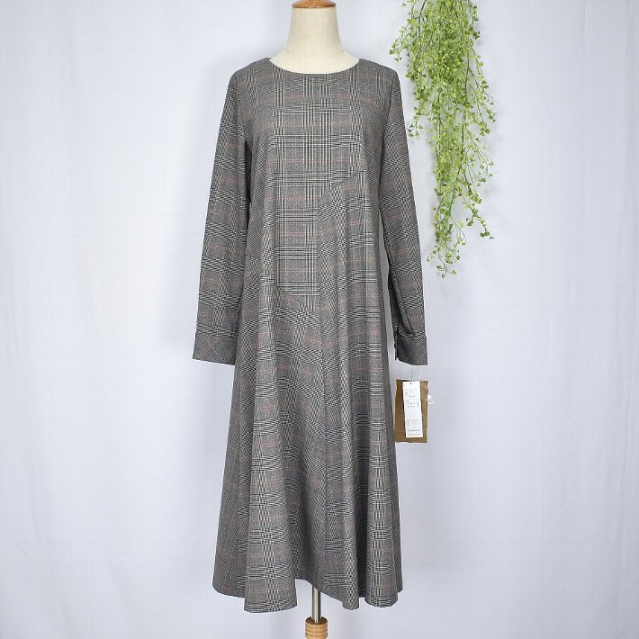 ＼定価から50%OFF＋LINEお友達で特典あり／フィーノライズ 千鳥柄 長袖 Aラインワンピース 530-2474 日本製 高級 ストレッチ素材 【大】 FINO raiz. 千鳥格子 グレンチェック レディース ドレス 半額