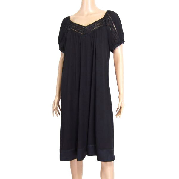 美品【中古】ビーシービージーマックスアズリア BCBG MAXAZRIA ワンピース 表記 M L 11号 相当 黒 ブラック 半袖 毛混 ウール 薄手 レース ノーカラー 襟なし ゆったり 楽 ナチュラル シンプル ミモレ丈 膝丈 ひざ丈 ノーカラー 大人 30代 40代 50代 春 夏 レディース
