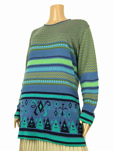 美品【中古】ギビー Givy 多彩美柄 青系 柔ニットチュニック 大きいサイズ 15号 レディース トップス