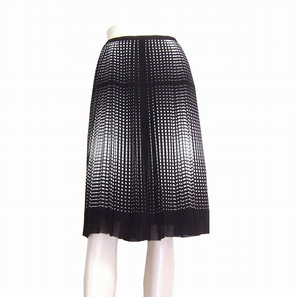 美品【中古】ランバン LANVIN COLLECTION 黒×白 格子柄 シフォン 美揺れスカート 38号/9号 春夏秋 レディース ボトムス