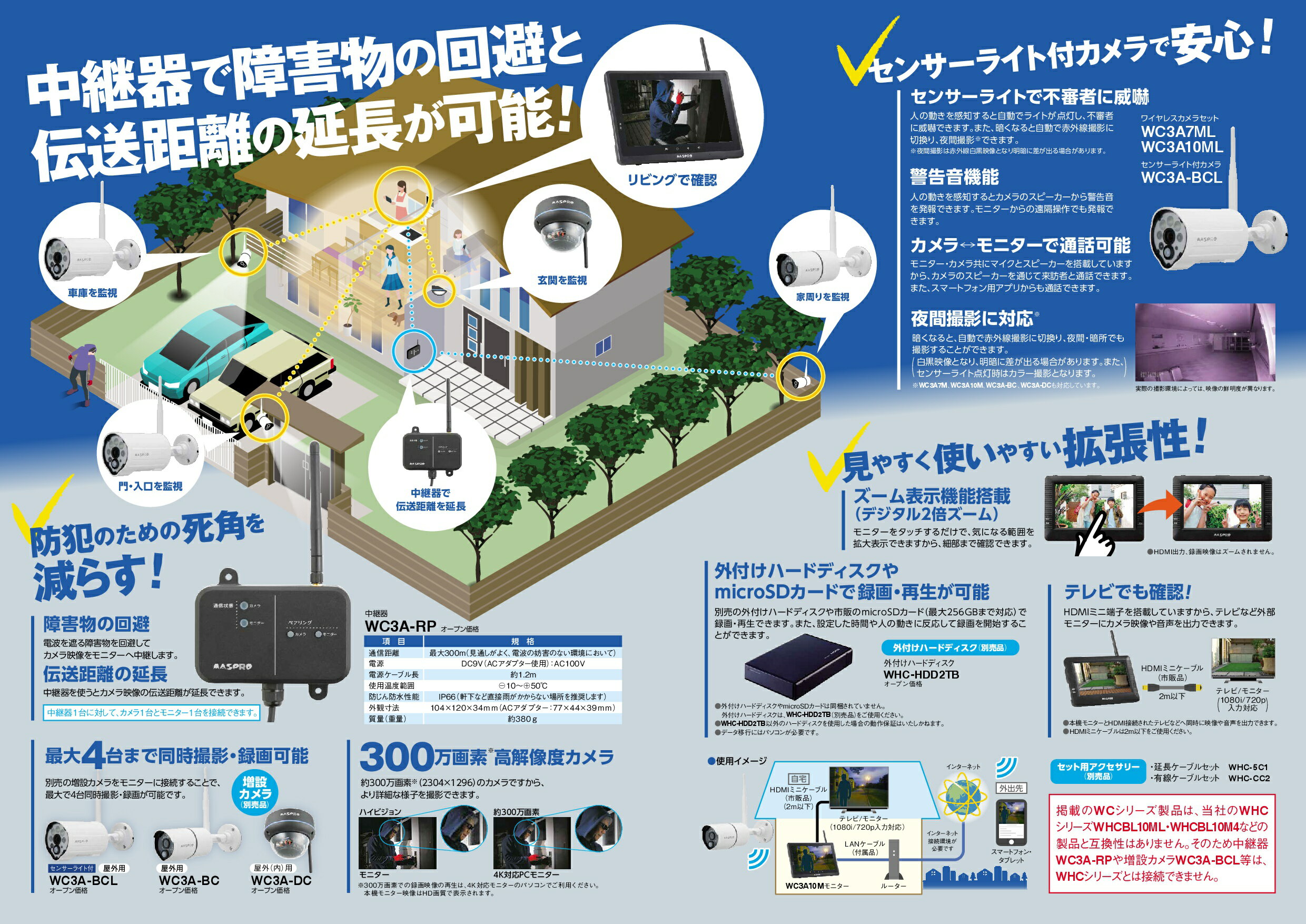〔送料無料〕 マスプロ モニター(10インチ）&センサーライト付ワイヤレスカメラセット WC3A10ML