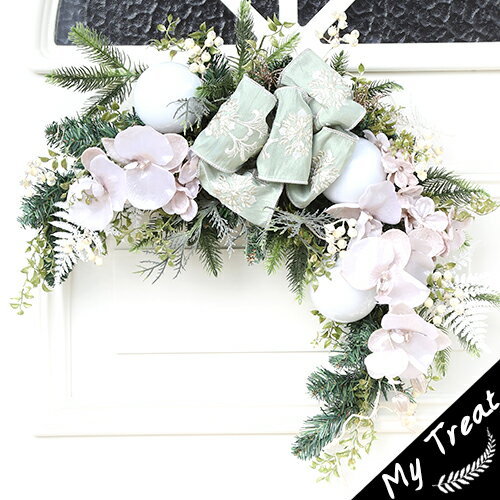 クリスマススワッグ・エクリュ 全長50cm! 玄関ドアにオシャレなナチュラルなクリスマススワッグ(造花) リース 玄関リース アートフラワー シャクヤク 【楽ギ...