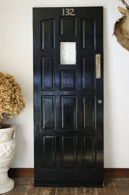 イギリスの古い 吹きガラスの入った ブラック×ホワイト 2色のペイントドア 建具 玄関ドア X377
