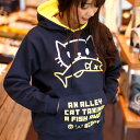 【 本日24時まで クーポンで 最大10%OFF 】 猫 ねこ おもしろ かわいい パーカー お魚くわえたどらねこさん ( ネイビー × イエロー ) | ネコ 猫柄 猫雑貨 | メンズ レディース 春 秋 冬 おしゃれ ペアルック プレゼント | 大きいサイズ | SCOPY / スコーピー