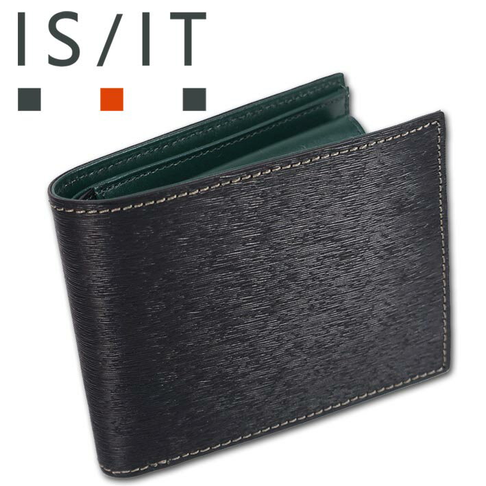 Rakuten - イズイット IS/IT 牛革 二つ折り財布 ペッパー ブラック 黒 定価13,200円 本革 メンズ レディース 水シボ エイジング シンプル キャッシュレス 無料ラッピング可能