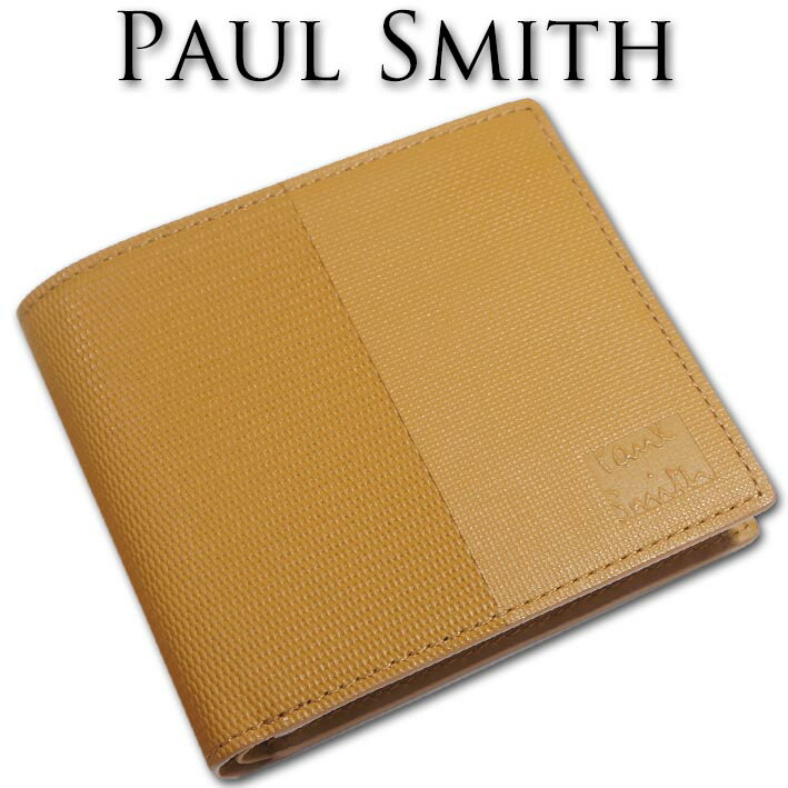 ポールスミス Paul Smith マーケトリーミックス 牛革 二つ折り財布 マスタード系 キャメル系 メンズ 定価19,800円 薄型 スリム キャッシュレス プレゼント ギフト 無料ラッピング可能