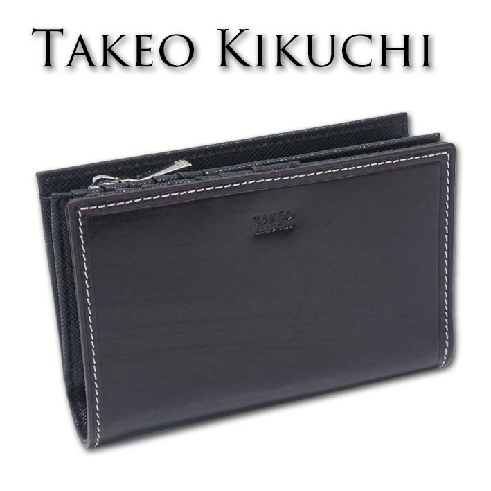 展示品 タケオキクチ TAKEO KIKUCHI 牛革 ミドル財布 二つ折り財布 シーズン ブラック 黒 メンズ 定価19,800円 レザー 箱なし