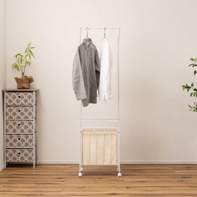 乐天商城 - ランドリーハンガー ホワイト 白 衣類収納 洗濯カゴ バスケット付き 幅44 奥行30.5 高さ163 おしゃれ シンプル キャスター付き