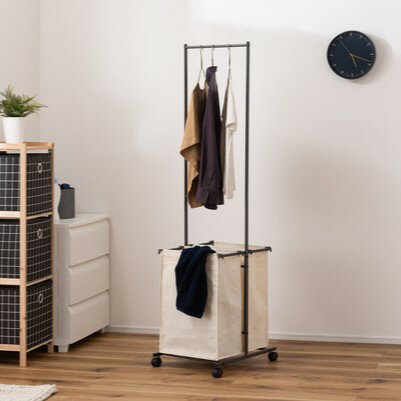 ランドリーハンガー ダークグレー 衣類収納 洗濯カゴ バスケット付き 幅40 奥行46.5 高さ157.5 おしゃれ シンプル キャスター付き