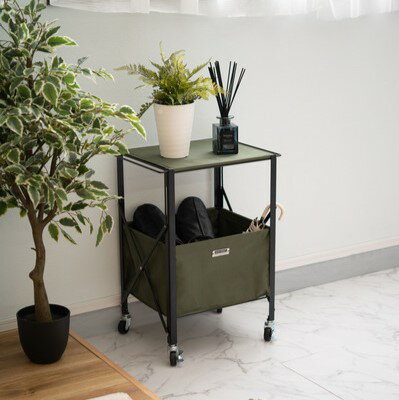 乐天商城 - 折りたたみ テーブルワゴン 天板取り外し可能 グリーン 幅40 奥行30 高さ55cm スチール製 ファブリック おしゃれ シンプル カジュアル 収納ボックス 軽量