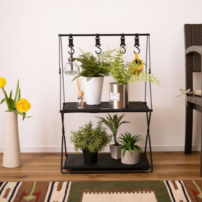 乐天商城 - フック付ハンギングラック オープンラック 2段 ブラック 黒 幅47 奥行33 高さ71cm スチール製 ファブリック おしゃれ シンプル カジュアル 収納 軽量