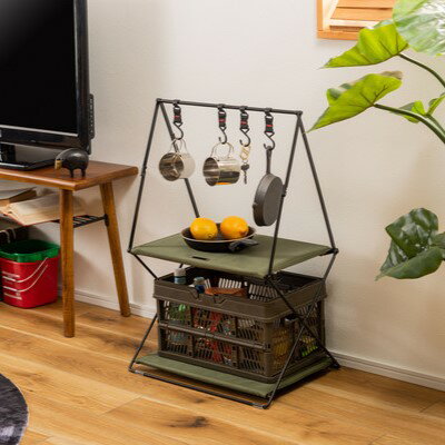 乐天商城 - フック付ハンギングラック オープンラック 2段 グリーン 幅47 奥行33 高さ71cm スチール製 ファブリック おしゃれ シンプル カジュアル 収納 軽量