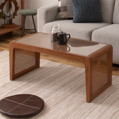 乐天商城 - ラタン×ガラス センターテーブル ブラウン 90×45 幅90 奥行45 高さ40.5cm おしゃれ アジアン 籐 天然素材 格子 シンプル 完成品