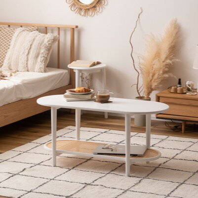 乐天商城 - オーバル型テーブル センターテーブル 棚付き 2段 ラタン風 ホワイト 白 100×43 幅100 奥行43 高さ46cm 木製 収納 棚 おしゃれ シンプル 軽量