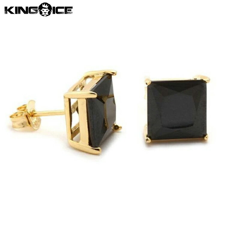 King Ice キングアイス イヤリング ピアス プリンセスカット オニキス 黒 スタッド ゴールド "Onyx Princess-Cut Stud Earrings" 人気ブランド アクセサリー 金メッキ メンズ レディース 男女兼用 ユニセックス