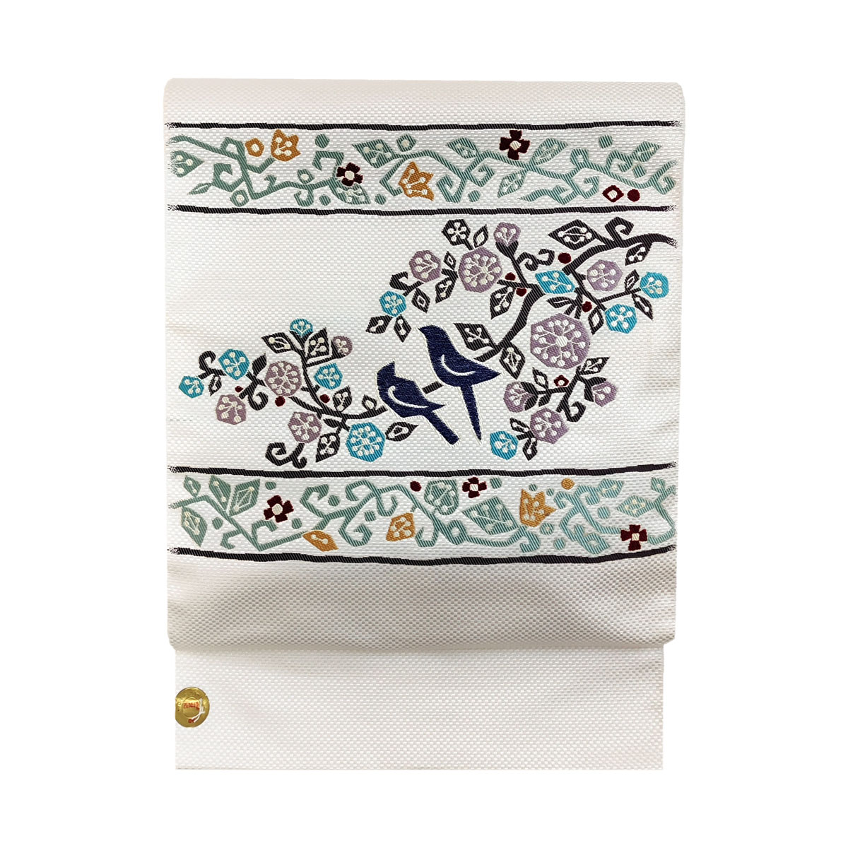 名古屋帯 正絹 白 青い鳥 クリーム 京玉響 西陣織 仕立付き